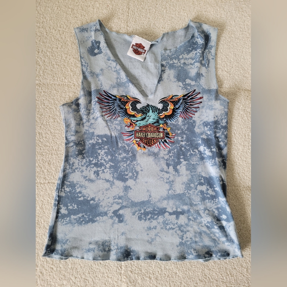 Harley-Davidson Women's Blue Tie-Dye Eagle V-Neck Tank with Multicolor Graphic